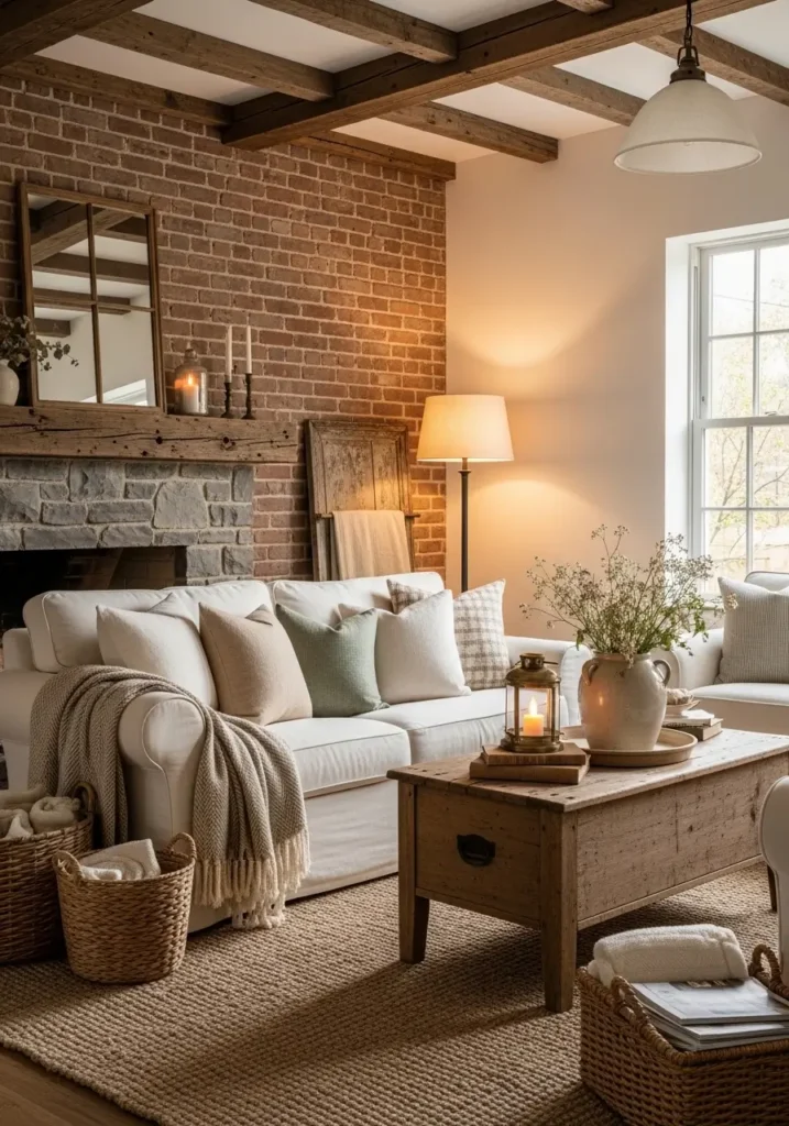 Rustic farmhouse living room with exposed brick wall and reclaimed wood accents, cream sofa, warm layered textiles, vintage decor, woven baskets, warm lamp lighting, neutral earthy tones, airy rustic layout, realistic interior photography, cozy feminine farmhouse styling, textured rug, peaceful inviting atmosphere, soft natural sunlight