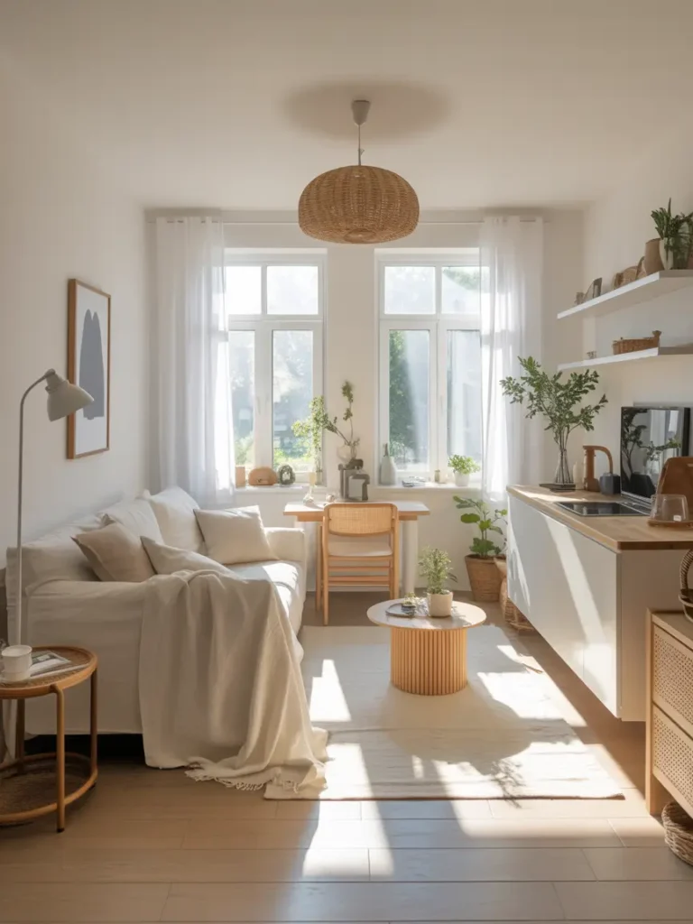 Bright white detached garage apartment interior with soft sunlight, airy design, compact furniture, light wood flooring, minimal decor, elegant tiny apartment style, realistic photography, peaceful modern interior inspiration