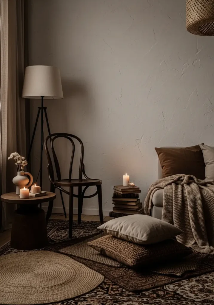 Dark academia apartment living corner with layered brown vintage rugs, dark wooden chair, cream textured walls, warm lamp glow, stacked old books, soft beige blanket, candlelit side table, muted earthy palette, minimal feminine decor, realistic woven textures, cozy moody apartment styling, calm warm feeling, clean composition, rich brown tones with soft neutral balance

