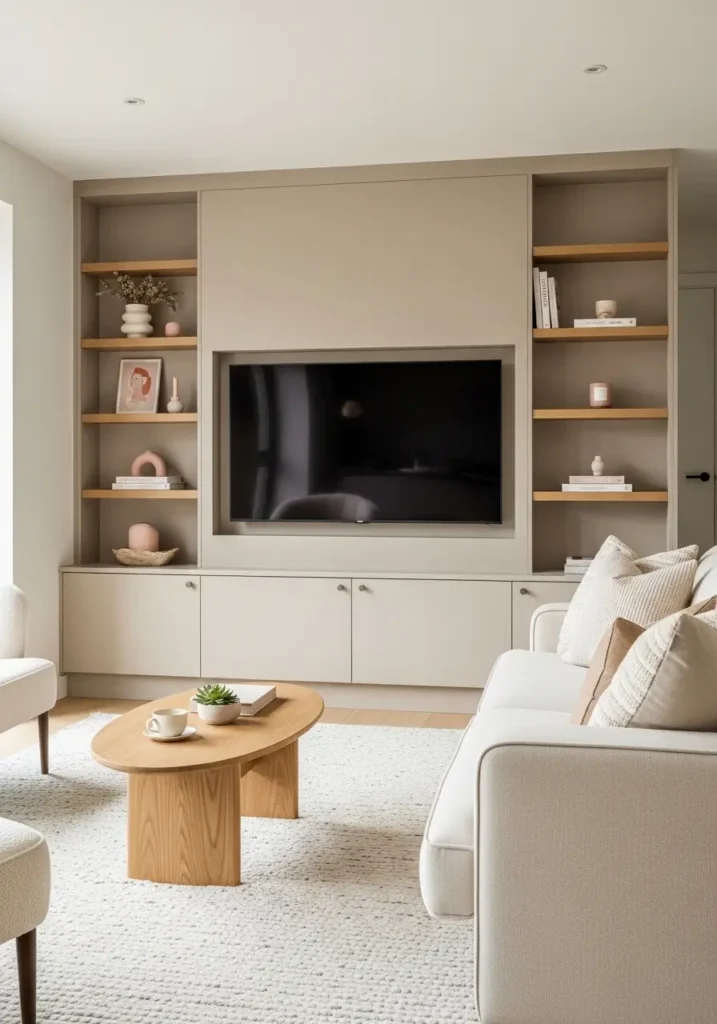 Modern apartment living room with built in TV wall console, soft beige cabinetry, mounted flat screen TV, warm oak shelves, hidden storage doors, cream sofa, rounded coffee table, cozy textured rug, minimal feminine decor, soft daylight, clean modern apartment layout, warm neutral palette, realistic interior photography, calm and stylish living room feeling

