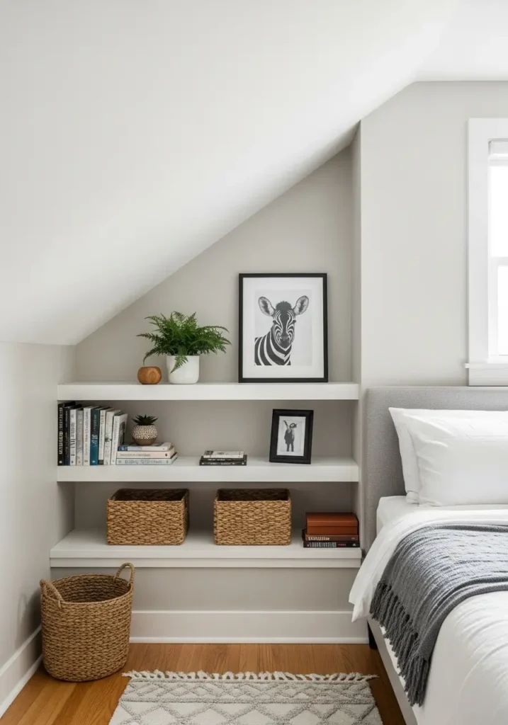 Minimal attic bedroom with a small bed tucked under a sloped ceiling, built in white shelves along the low wall, soft grey and cream bedding, warm reading lamp, woven baskets, few books, tiny plant, pale wood flooring, clean small apartment design, cozy feminine mood, simple storage with calm styling.