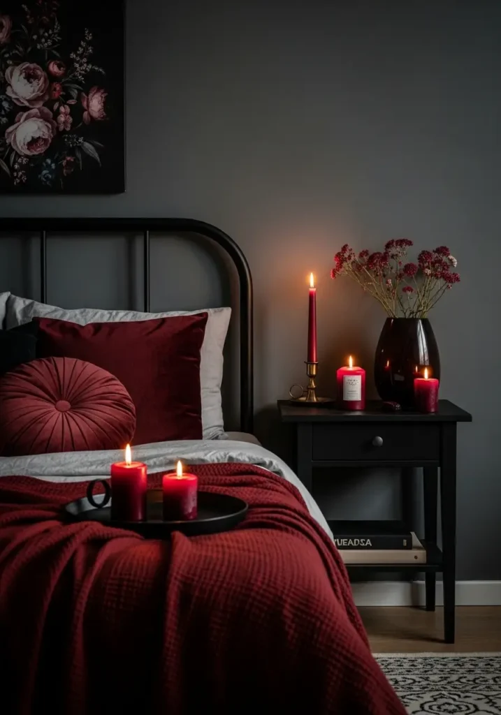 Clean romantic goth bedroom corner with burgundy candles, dark painted walls, black linen bedding, vintage brass candle holders, soft warm lighting, minimal gothic decor, muted red tones, elegant shadows, cozy feminine atmosphere, textured fabrics, dark romantic styling, simple modern layout, intimate bedroom mood for couples, realistic interior details


