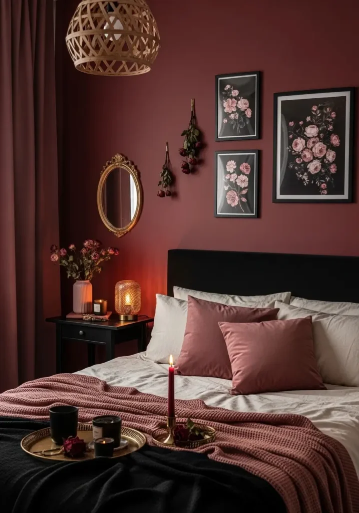 Minimal goth bedroom with deep burgundy walls, soft black bedding, muted rose velvet pillows, vintage gold mirror, slim black bedside table, warm amber lamp, dried roses in a glass vase, clean layout, soft shadows, cozy romantic apartment mood.