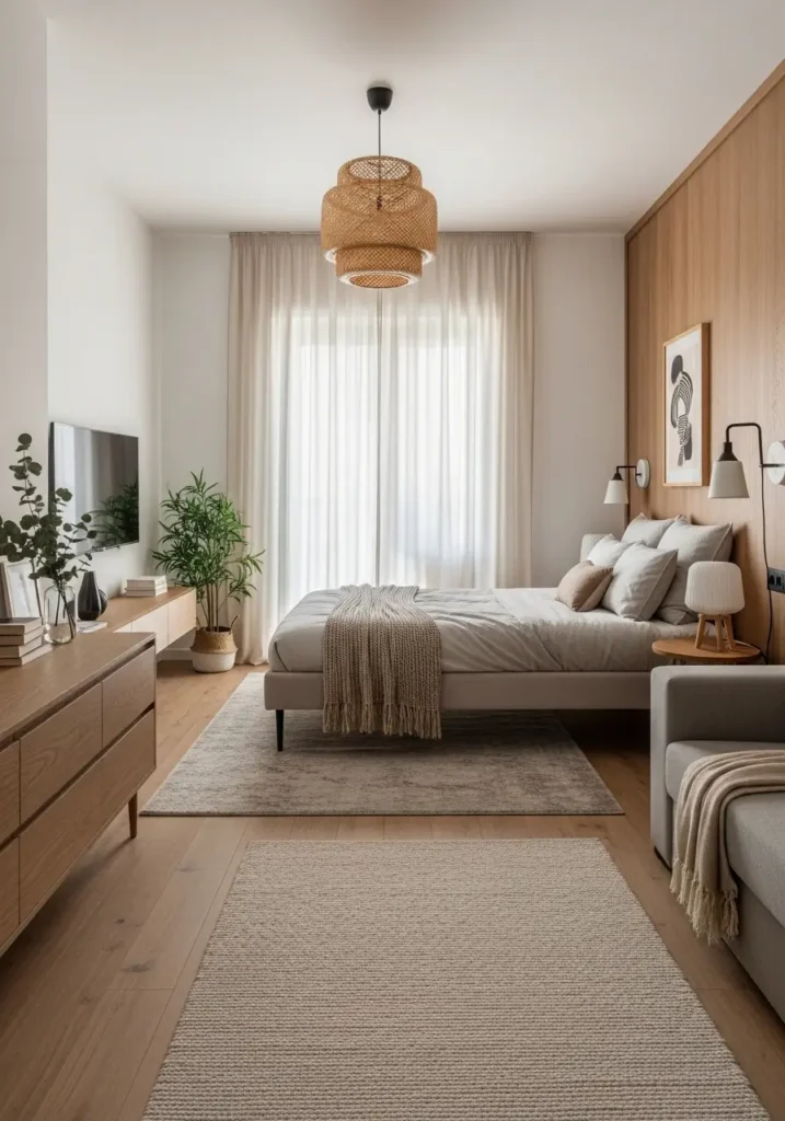 Minimalist studio apartment bedroom with calm open layout, low bed placement, neutral beige and cream palette, soft sunlight, airy apartment styling, Scandinavian-inspired interior, uncluttered surfaces, warm wood textures, cozy feminine decor, realistic small apartment photography, peaceful modern bedroom setup, elegant minimal design, floating furniture details, soft linen fabrics, clean apartment atmosphere with natural lighting and balanced cozy styling.

