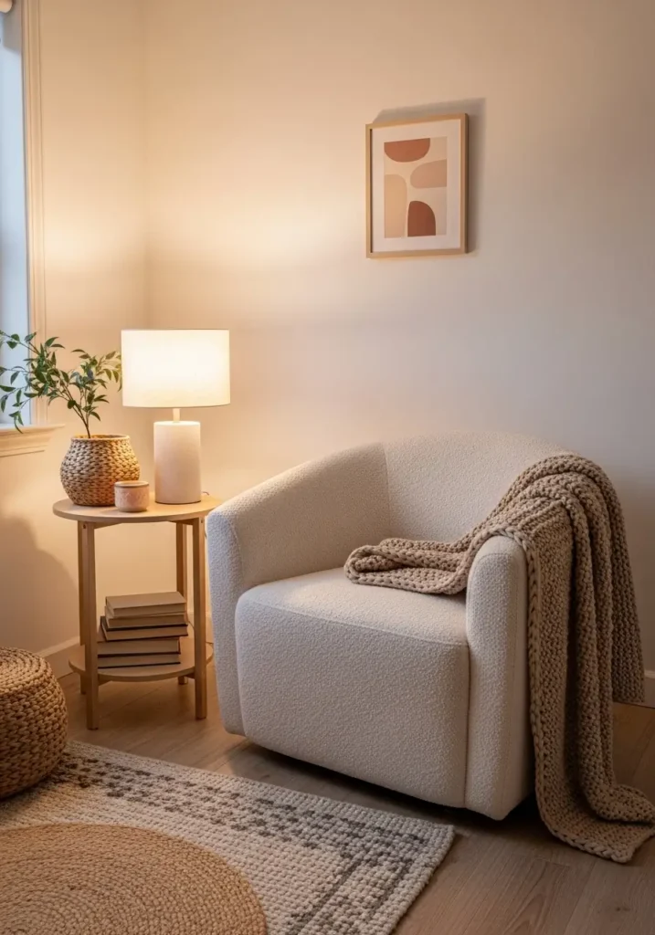 Tiny apartment bedroom reading corner with cozy chair, knit blanket, warm lamp, stacked books, soft neutral decor, clean feminine apartment aesthetic, light wood furniture, airy small bedroom styling, woven textures, calm relaxing mood, warm evening lighting, minimal decor with cozy peaceful atmosphere and realistic soft shadows

