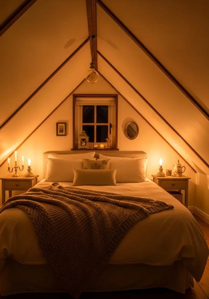 Warm cottage attic bedroom under slanted roof with glowing candles on vintage wooden shelves, soft ivory bedding, tiny bedside lamp, warm golden lighting, rustic wood textures, cozy feminine decor, knitted blankets, natural linen curtains, intimate evening atmosphere, minimal cottage styling, realistic soft lighting photography, calming neutral tones, peaceful attic retreat, uncluttered cozy interior, warm shadows across sloped ceiling, romantic cottage bedroom mood

