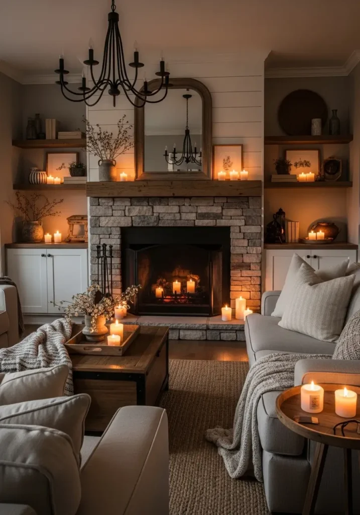 Warm rustic farmhouse living room glowing with candlelight, soft beige sofa, wooden side tables, layered blankets, stone fireplace, vintage decor, warm amber lighting, cream textured rug, cozy feminine farmhouse styling, rustic wood accents, realistic interior photography, peaceful evening atmosphere, soft shadows, airy farmhouse layout, woven baskets, calm and inviting room design