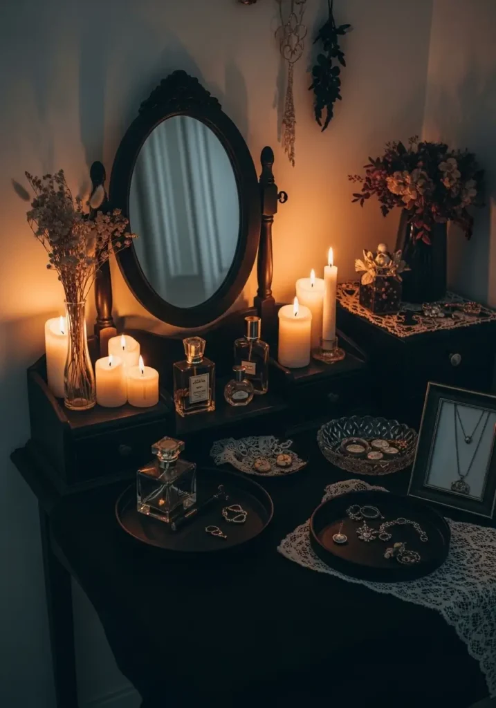 Minimal romantic goth bedroom with candlelit vanity table, antique black mirror, dark wood chair, soft warm lighting, charcoal walls, small perfume bottles, black lace detail, clean feminine gothic styling, cozy intimate couple bedroom atmosphere, realistic textures

