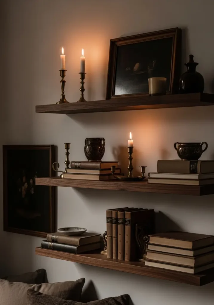 Dark academia apartment shelving with walnut wood floating shelves, brass candle holders, old hardcover books, warm candle glow, soft shadows on cream walls, minimal vintage decor, dark framed artwork, cozy apartment styling, warm brown tones, realistic textures, feminine moody atmosphere, layered books and ceramics, elegant antique details, soft low lighting, clean uncluttered composition with warm comforting feeling


