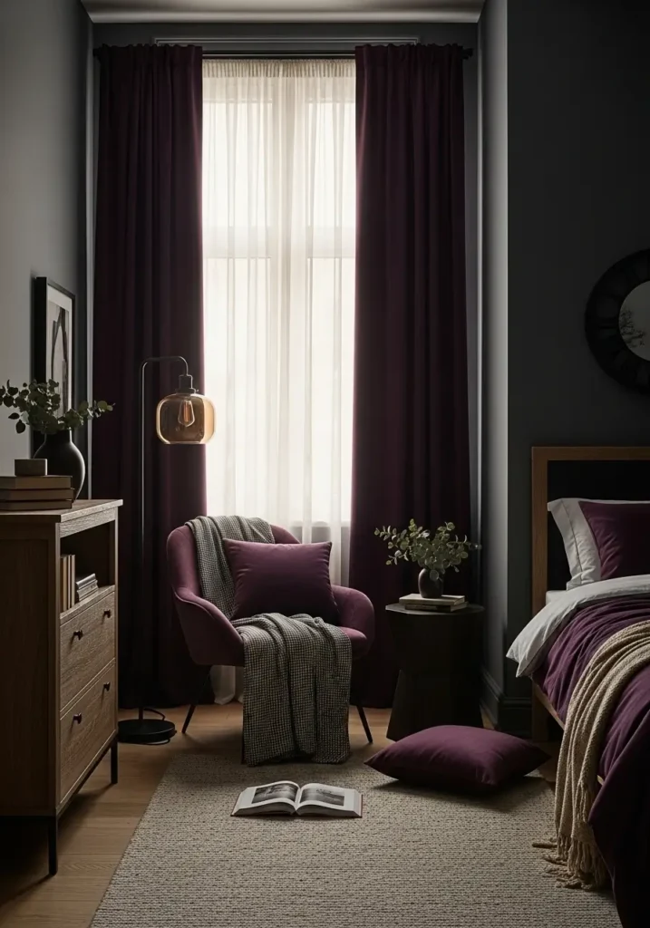 Clean minimal studio apartment corner with charcoal gray walls, plum velvet chair, black metal floor lamp, soft ivory throw blanket, dark wood side table, simple framed art, warm candle glow, smooth shadows, cozy feminine goth decor with uncluttered styling.
