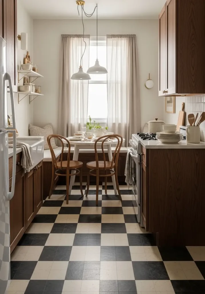 Retro apartment kitchen with black and cream checkerboard flooring, mid century modern wood cabinets, compact dining nook, soft pendant lighting, vintage dining chairs, cream walls, warm walnut textures, minimal kitchen styling, cozy apartment atmosphere, clean countertops, natural sunlight, realistic interior photography, soft earthy tones, feminine retro aesthetic, uncluttered decor, warm apartment kitchen design with vintage inspiration and calm styling