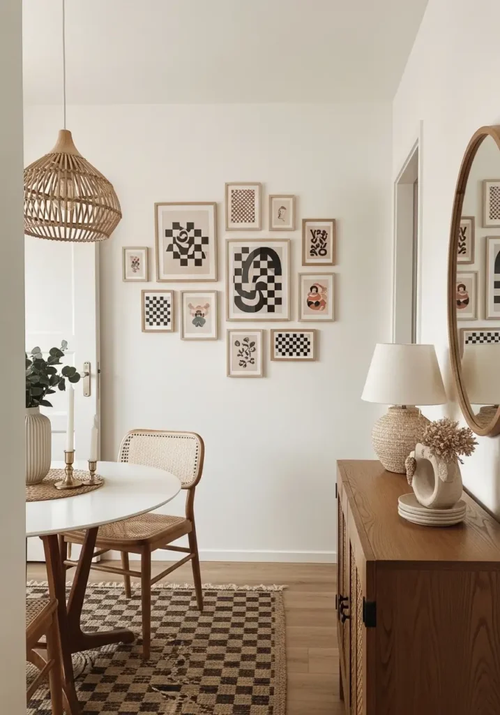 Tiny retro apartment hallway with checkerboard gallery wall, black and cream vintage-inspired prints, warm wood flooring, soft beige walls, minimal feminine apartment decor, cozy lighting, small framed artwork, clean balanced layout, nostalgic retro mood, subtle 1970s style, uncluttered apartment styling, realistic interior photography, warm shadows, calm cozy atmosphere