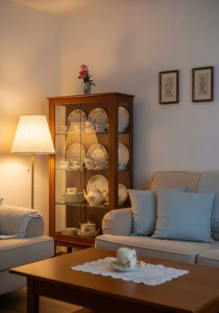 Clean minimal grandma core living room featuring a vintage glass china cabinet with neatly arranged teacups, cream plates, and small floral dishes, warm lamp glow, soft beige sofa, pale blue cushions, wood coffee table, simple wall art, gentle evening light, cozy nostalgic mood, tidy feminine vintage styling.
