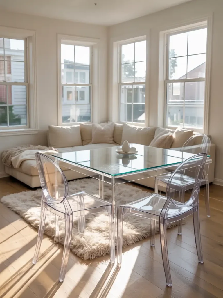 Clear acrylic or glass coffee tables and side tables that disappear into the space, creating a minimal, open feel while still adding functional decor.