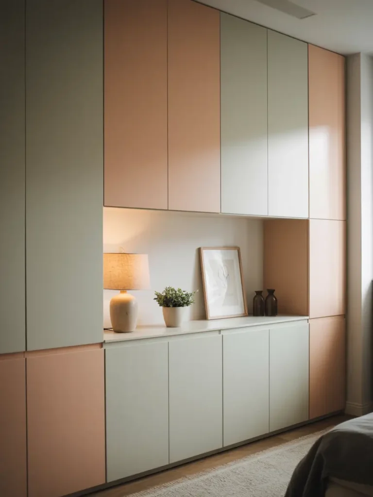 Soft minimal studio apartment with closed white storage cabinets along one wall, light wood top surface, beige baskets, simple framed art, small plant, cream sofa nearby, warm neutral colors, clean feminine styling, bright natural light, calm clutter free living space.