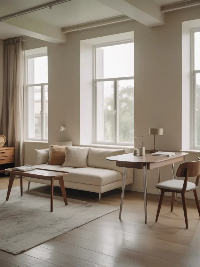 Bright small studio apartment with slim light wood furniture, compact cream sofa, narrow console table, small round dining table, airy chairs with thin legs, soft white bedding, neutral rug, simple wall art, open walking space, clean feminine styling.