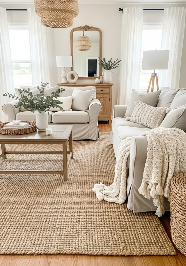 Cozy modern farmhouse living room with chunky jute rug, warm wood furniture, cream boucle chairs, soft linen curtains, neutral pillows, white walls, rustic wood coffee table, woven lighting fixtures, indoor olive tree, natural sunlight pouring through black framed windows, earthy organic textures, minimal decor styling, calm welcoming atmosphere, realistic farmhouse interior photography, balanced neutral tones with airy cozy feeling

