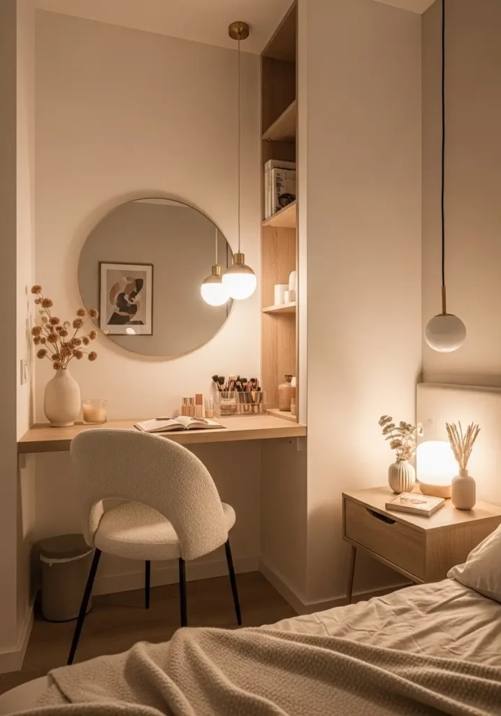 Minimalist studio apartment bedroom with small vanity nook, round mirror, soft cream chair, warm neutral decor, clean makeup organization, cozy feminine styling, tiny apartment layout, Scandinavian inspired bedroom, natural wood desk, soft beige bedding, realistic apartment photography, uncluttered surfaces, warm ambient lighting, elegant minimal interior, peaceful small bedroom setup, airy apartment mood, soft textures and calming colors in a cozy minimalist studio apartment.


