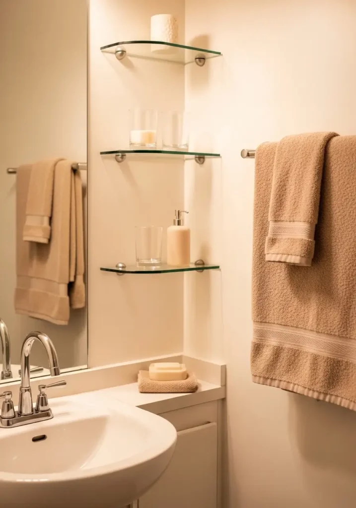 Tiny apartment bathroom with clear glass shelves, transparent soap containers, creamy white walls, warm lighting, pale beige towels, minimalist feminine styling, realistic cozy interior photography, uncluttered apartment bathroom setup, elegant renter friendly makeover inspiration, airy compact bath atmosphere, soft neutral textures, modern calming decor with warm reflections and clean styling