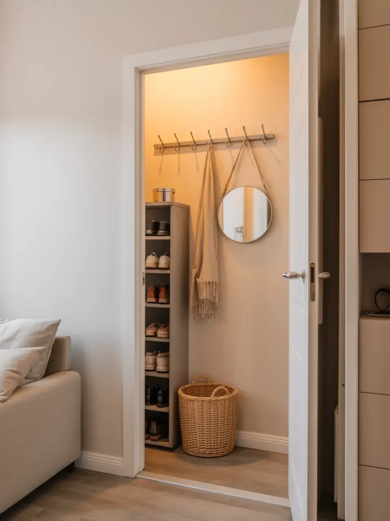Small studio apartment entry corner with a slim wall hook rail, narrow shoe cabinet, tiny round mirror, beige basket for scarves, soft white wall, light wood floor, neutral decor, clean minimal feminine styling, warm daylight, tidy open doorway with calm welcoming mood.