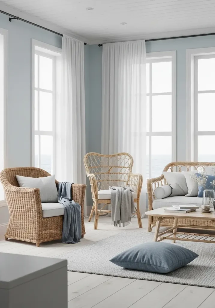 Light, airy colors with soft blues and whites, natural textures like wicker furniture, and plenty of windows to let in the sea breeze.