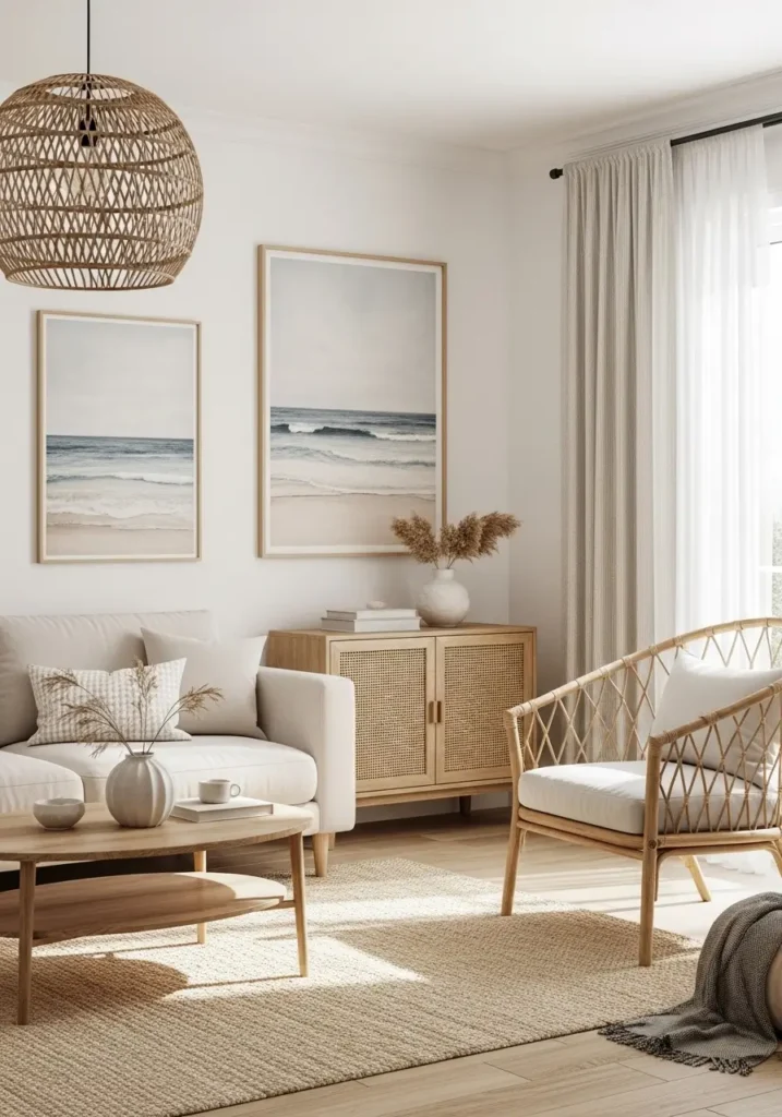 Bright beach house living room with soft coastal wall art, pale cream sofa, woven rattan accents, airy curtains, sandy beige rug, light oak furniture, ocean inspired artwork in muted blue and neutral tones, relaxed feminine decor, minimal styling, natural sunlight, cozy layered textures, clean seaside interior, elegant beach inspired atmosphere, peaceful and airy living room design


