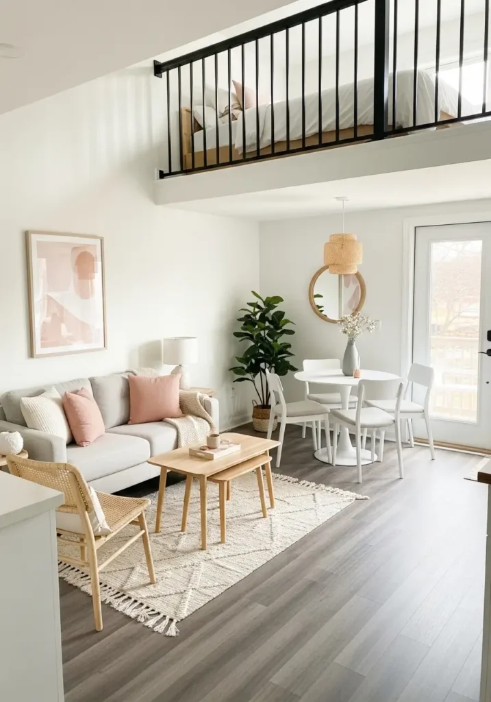 Small feminine loft apartment with compact dining and lounge combo, cozy loveseat, tiny round dining table, soft neutral palette, pale wood chairs, layered textures, warm daylight, airy open plan styling, stylish new home decor, realistic apartment interior photography with balanced space-saving layout and inviting mood