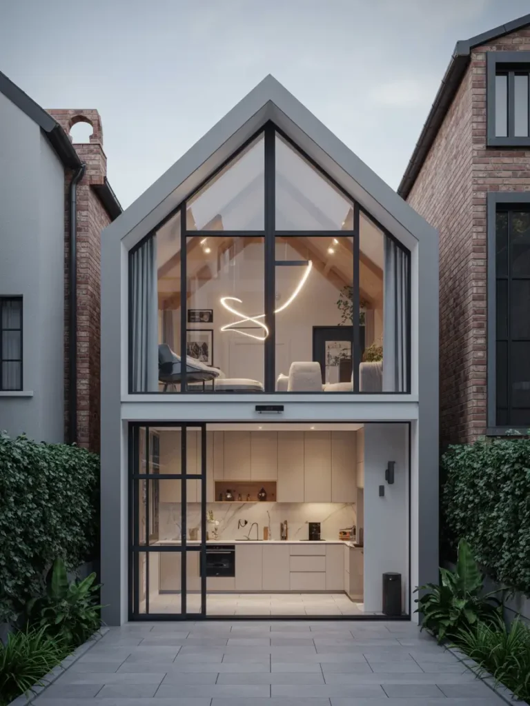 Luxury detached garage apartment in a tiny backyard, modern architecture, elegant neutral colors, stylish lighting, sleek kitchen, marble details, black-framed windows, compact upscale living space, realistic photography, sophisticated small apartment inspiration