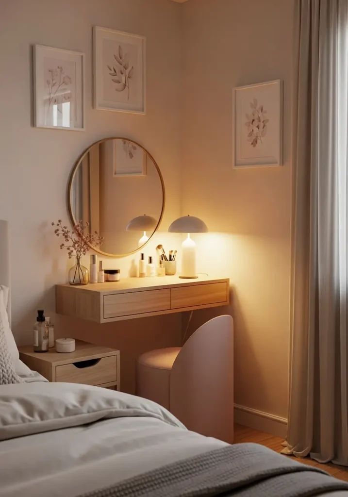 Small post grad apartment bedroom with compact vanity setup, round mirror, soft blush stool, warm lamp lighting, cream bedding, clean feminine apartment decor, minimal beauty organization, light wood furniture, cozy apartment styling, airy neutral tones, delicate framed art, calm relaxing mood with realistic soft textures and warm evening glow

