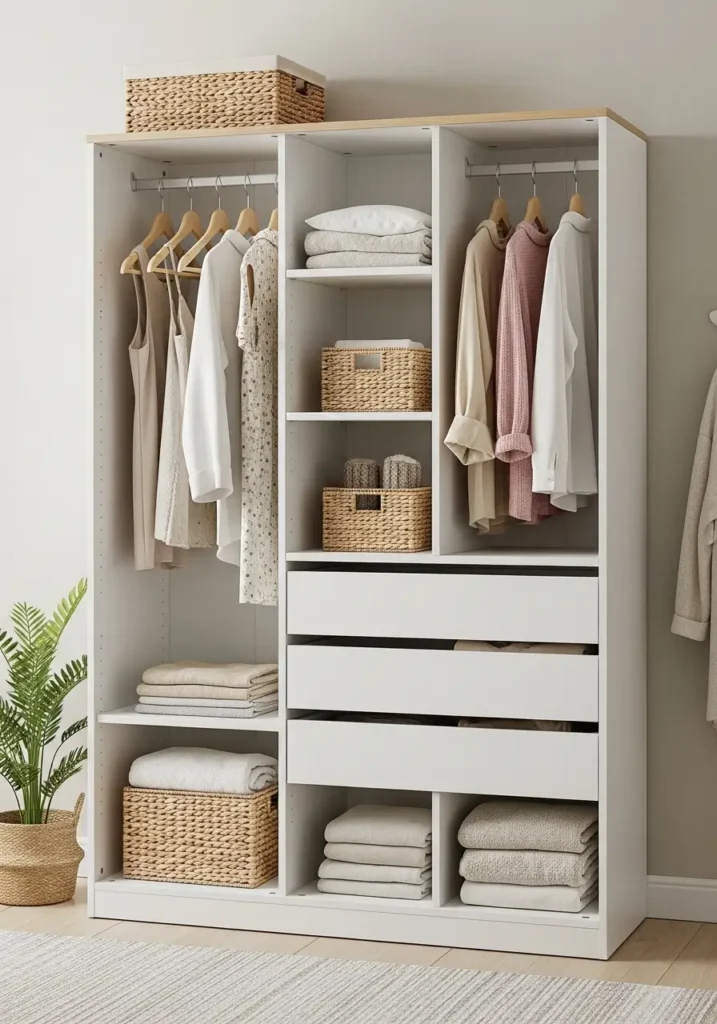 Small studio apartment sleeping area with a compact white wardrobe, soft beige bedding, woven laundry basket, warm lamp, pale wood flooring, linen curtains, simple wall art, clean minimal feminine styling, tidy calm clothing storage, realistic interior photography.