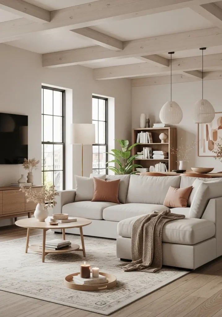 Chic loft apartment corner sectional layout with a plush neutral sectional sofa, soft layered pillows, round coffee table, cozy rug, warm lamp glow, feminine modern decor, airy loft interior, tall windows, light wood accents, realistic apartment photography with inviting movie night mood, and stylish new home comfort