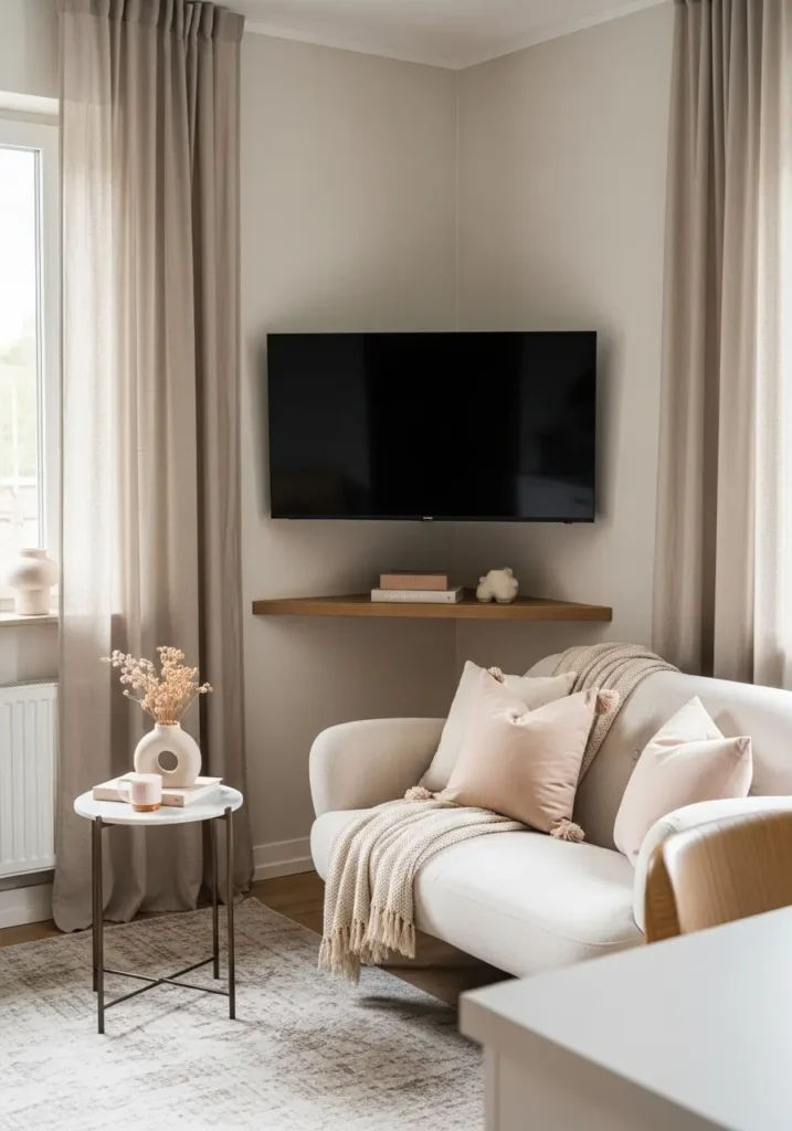 Small apartment living room with cozy corner TV wall setup, mounted TV angled softly, slim floating wood shelf, cream loveseat, round side table, soft rug, warm neutral decor, linen curtains, minimal feminine styling, realistic apartment interior, natural daylight, calm and practical living room layout


