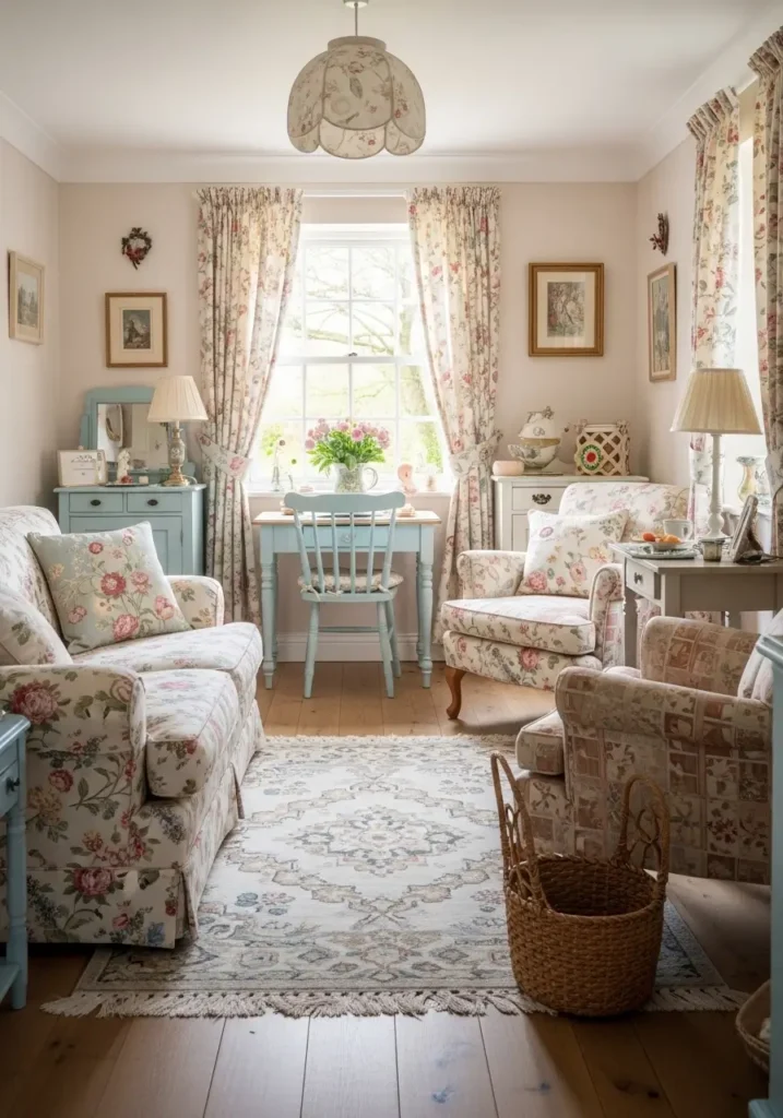 Soft pastels, floral patterns, vintage furniture, and plenty of natural light create a cozy, inviting cottage atmosphere. Warm and homey details throughout.