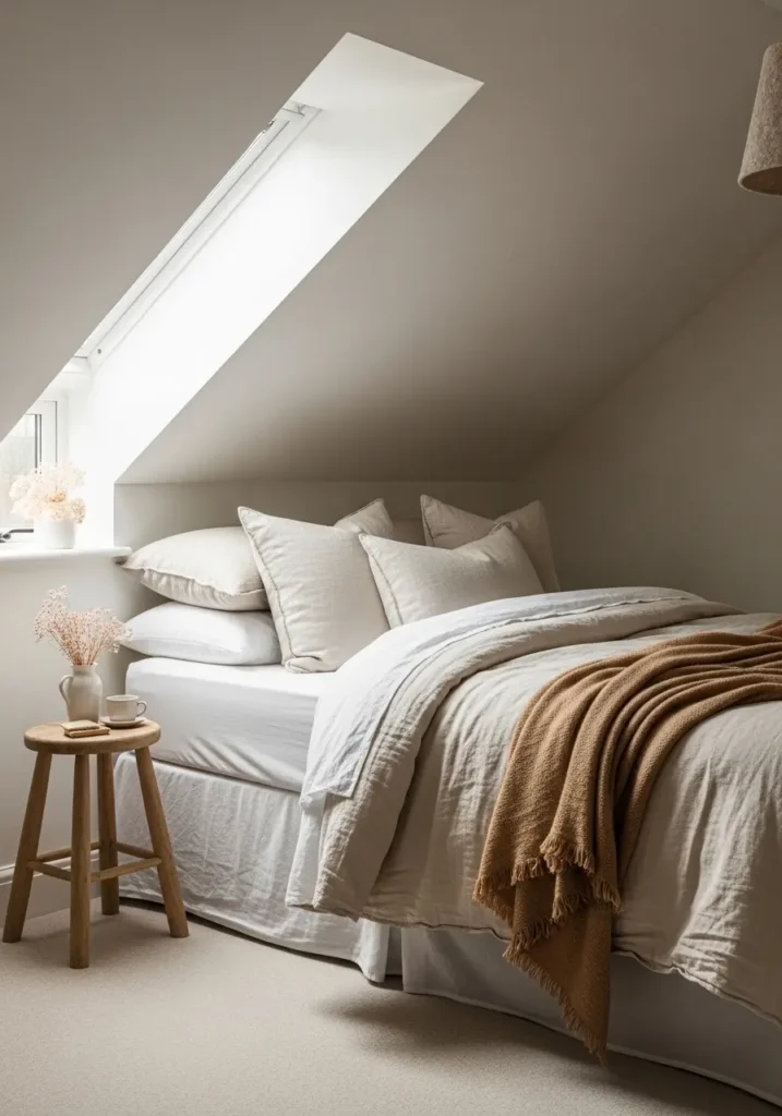 Clean minimal attic bedroom with cottage inspired cream layers, low bed under sloped ceiling, quilted ivory blanket, beige linen pillows, small wooden stool, warm lamp, pale floral wall print, woven rug, white walls, soft feminine small apartment mood with cozy relaxed styling.