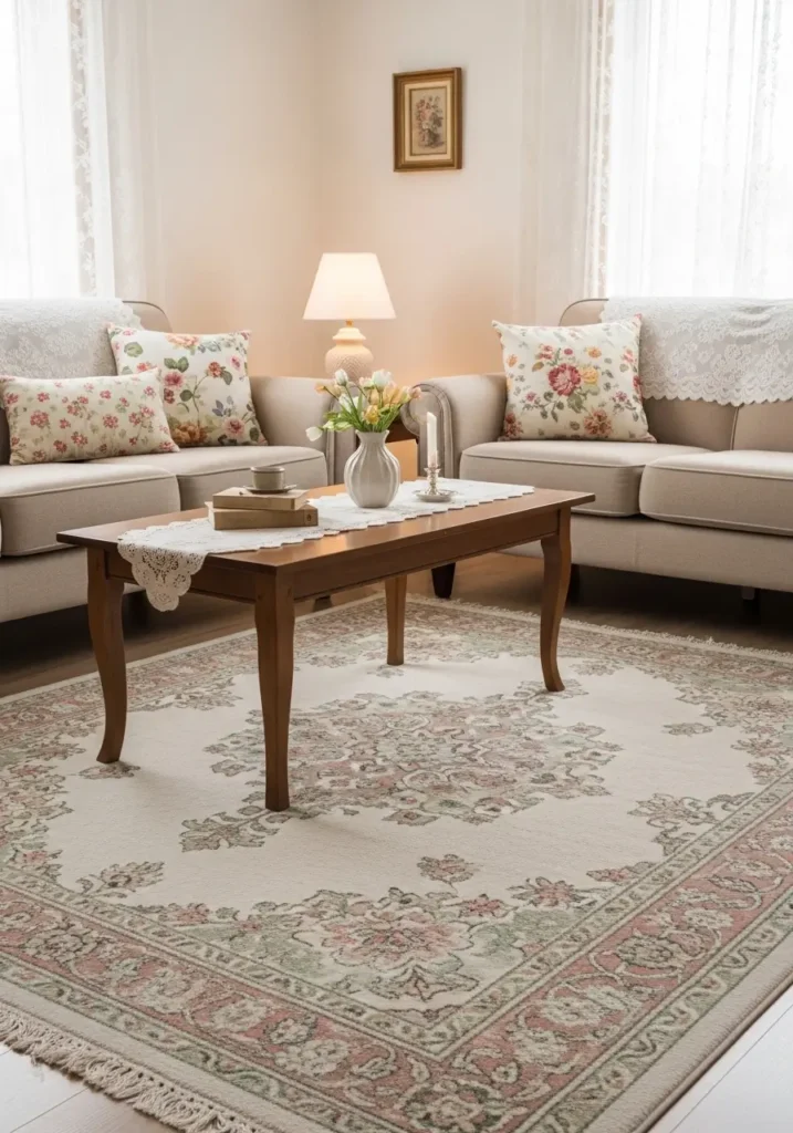 Clean minimal grandma core living room with a faded cottage style rug in cream, dusty rose, and sage tones, soft beige sofa, vintage wooden coffee table, floral cushions, lace curtains, warm lamp, small flower vase, gentle natural light, cozy feminine vintage comfort, peaceful uncluttered styling.
