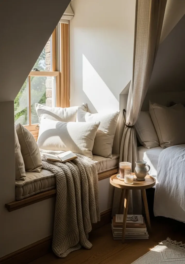 Charming slanted roof cottage bedroom with built-in window seat beneath angled ceiling, soft cream cushions, layered knit blankets, warm oak flooring, tiny reading nook, neutral linen curtains, cozy feminine attic decor, warm natural sunlight, rustic wood details, calming cottagecore atmosphere, minimal uncluttered styling, realistic interior photography, peaceful countryside bedroom mood, soft beige palette, warm shadows, intimate cozy retreat, soft textures throughout room

