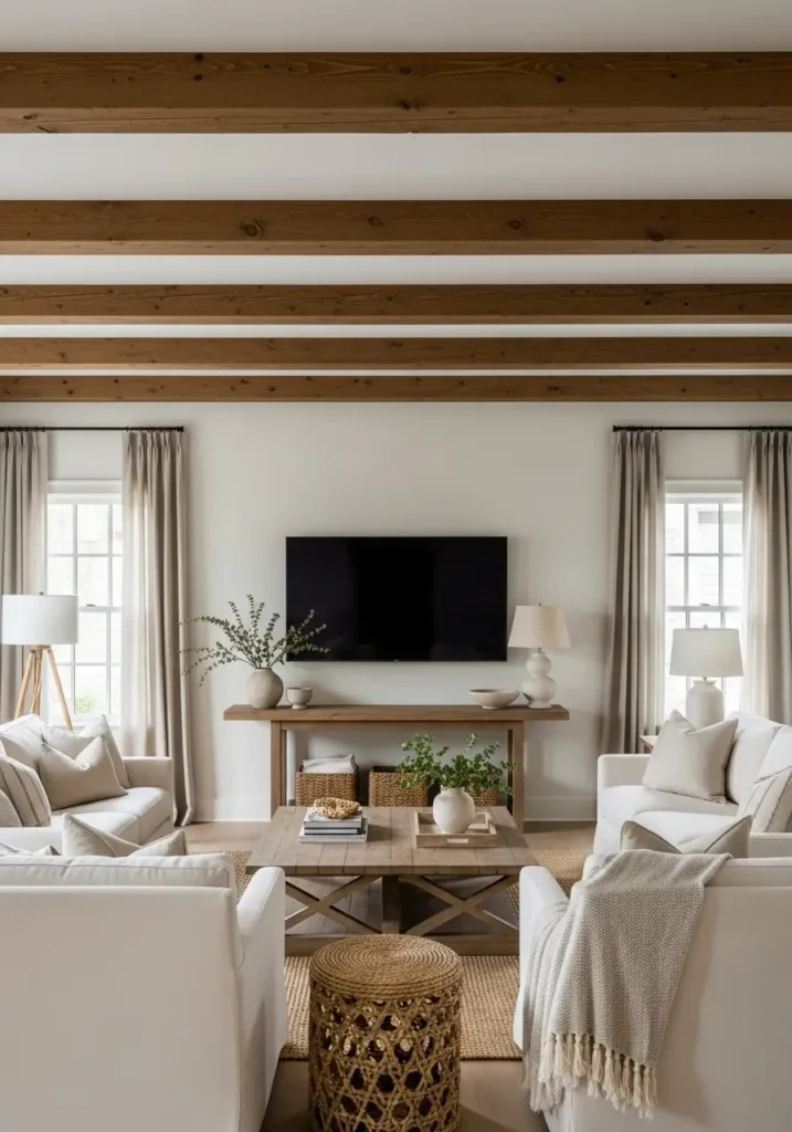 Farmhouse living room with rustic wood ceiling beams, mounted TV above simple wood console, soft ivory sectional, neutral woven rug, warm table lamps, linen curtains, vintage decor, realistic country interior photography, clean minimal styling, light oak flooring, calm beige palette, cozy layered textures, peaceful rustic family room, inviting warm home atmosphere


