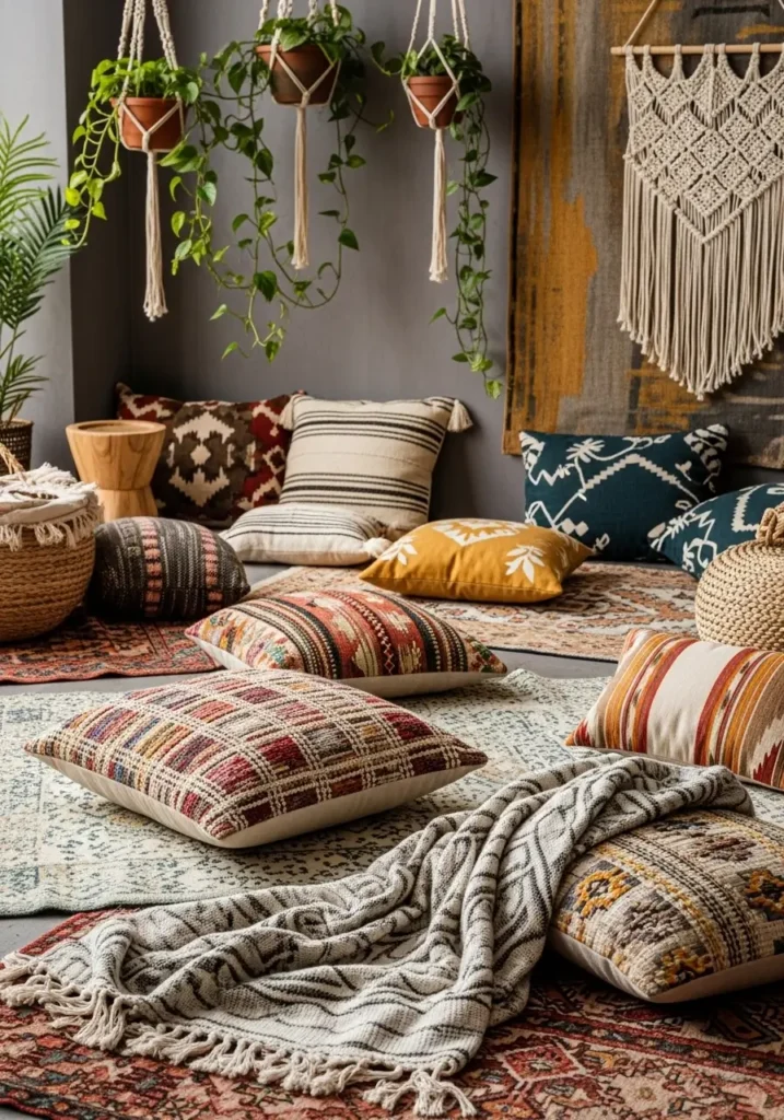 A boho chic space with a mixture of textiles, like soft rugs, woven throw blankets, and patterned cushions. Earthy tones with pops of color, and hanging plants for that relaxed vibe.