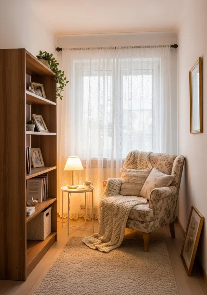 Clean minimal grandma core living room with a cozy book nook, vintage wooden bookshelf, soft floral armchair, cream knitted blanket, warm table lamp, small side table, lace curtains, beige rug, simple framed art, gentle evening glow, feminine vintage comfort, calm uncluttered reading space.