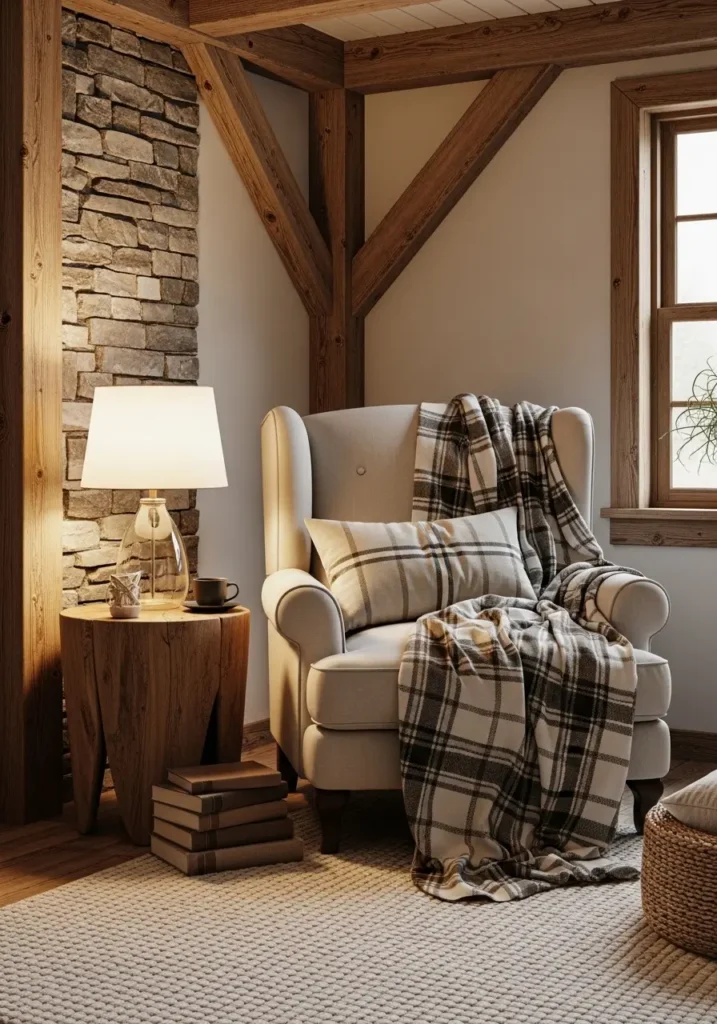 Rustic farmhouse living room corner with cozy cabin feel, oversized armchair, plaid throw blanket, small wooden side table, warm lamp glow, stacked vintage books, stone wall detail, warm wood beams, soft textured rug, cream and brown color palette, calm evening atmosphere, rustic feminine decor, minimal cozy styling, realistic farmhouse interior photography, inviting reading corner, natural textures, layered warm fabrics, peaceful rustic home setting