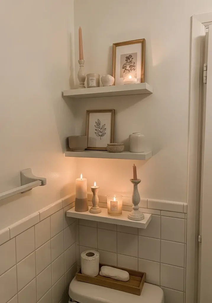 Minimal apartment bathroom with small wall shelf candle corner, soft glowing candles, creamy white walls, warm beige decor, tiny framed art, folded linen towels, feminine cozy apartment styling, Scandinavian inspired bathroom interior, natural wood textures, calming spa atmosphere, realistic interior photography, soft shadows, uncluttered decor arrangement, warm ambient lighting, peaceful apartment bathroom with elegant minimal wall decor

