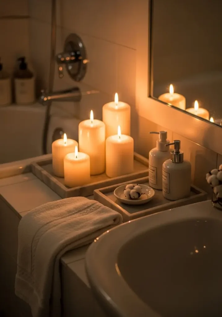 Cute bathroom corner with creamy candles placed beside bathtub, soft folded towels, warm dim lighting, marble tray, neutral bathroom decor, relaxing feminine atmosphere, clean minimal styling, subtle steam effect, cozy apartment bathroom, soft beige and white color palette, realistic textures, elegant spa inspired setup, calm evening mood, glowing candlelight reflections, uncluttered countertop, modern cozy bathroom aesthetic

