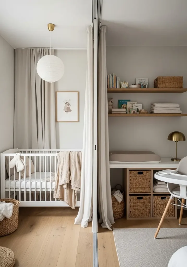 Tiny apartment nursery divided with flowing cream linen curtains, compact white crib with soft beige bedding, warm wood flooring, floating oak shelves with baby books and folded blankets, woven baskets for hidden storage, boucle feeding chair, soft golden lamp lighting, Scandinavian feminine nursery decor, minimal apartment styling, airy neutral palette, cozy layered textures, realistic natural sunlight, peaceful calming atmosphere, elegant small nursery layout, uncluttered apartment baby room photography

