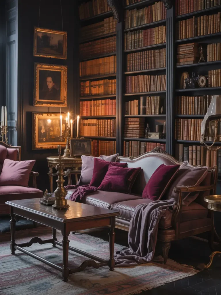 Dark wood furniture, soft cushions, and a few light touches of brass.