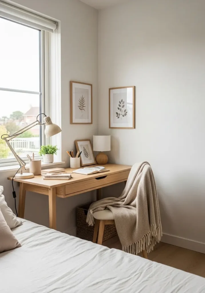 Small apartment bedroom with compact desk beside window, cozy chair, soft cream bedding, tiny table lamp, warm natural lighting, feminine workspace aesthetic, light wood furniture, clean organized desk styling, soft blush decor accents, airy minimal apartment setup, woven rug, simple framed wall art, calming workspace mood, modern post grad bedroom with cozy textures

