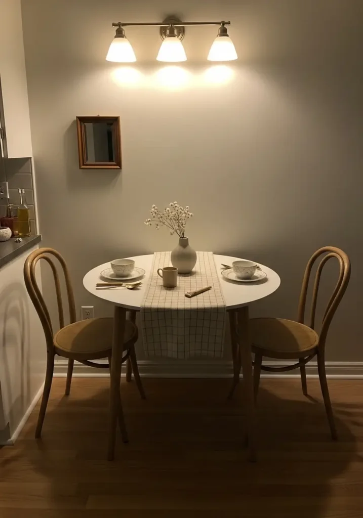 Minimal small retro apartment dining nook with round wooden table, two curved chairs, cream wall, soft checked tablecloth, small vase with flowers, warm pendant light, clean floor space, cozy feminine vintage home mood, gentle natural light.
