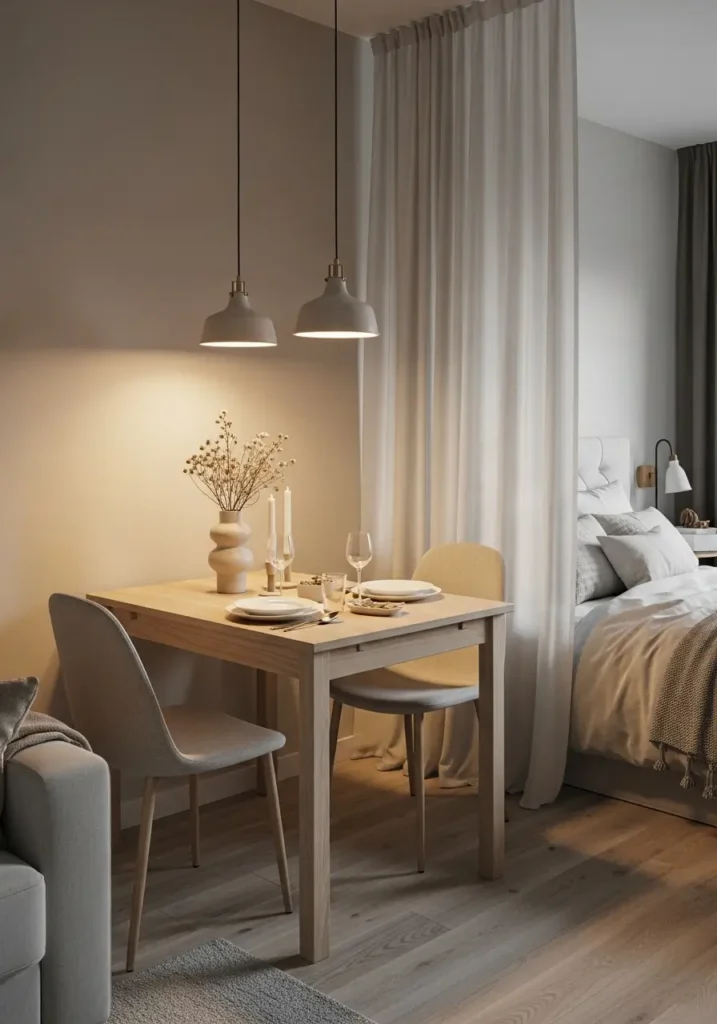 Small cozy studio apartment with dining table divider between bedroom and lounge area, warm cream decor, soft lighting, light oak dining furniture, layered bedding, Scandinavian inspired apartment styling, feminine minimal atmosphere, realistic interior photography, neutral palette, cozy couple apartment design, textured rugs, glowing pendant lights, uncluttered modern layout, peaceful tiny apartment mood with warm inviting decor

