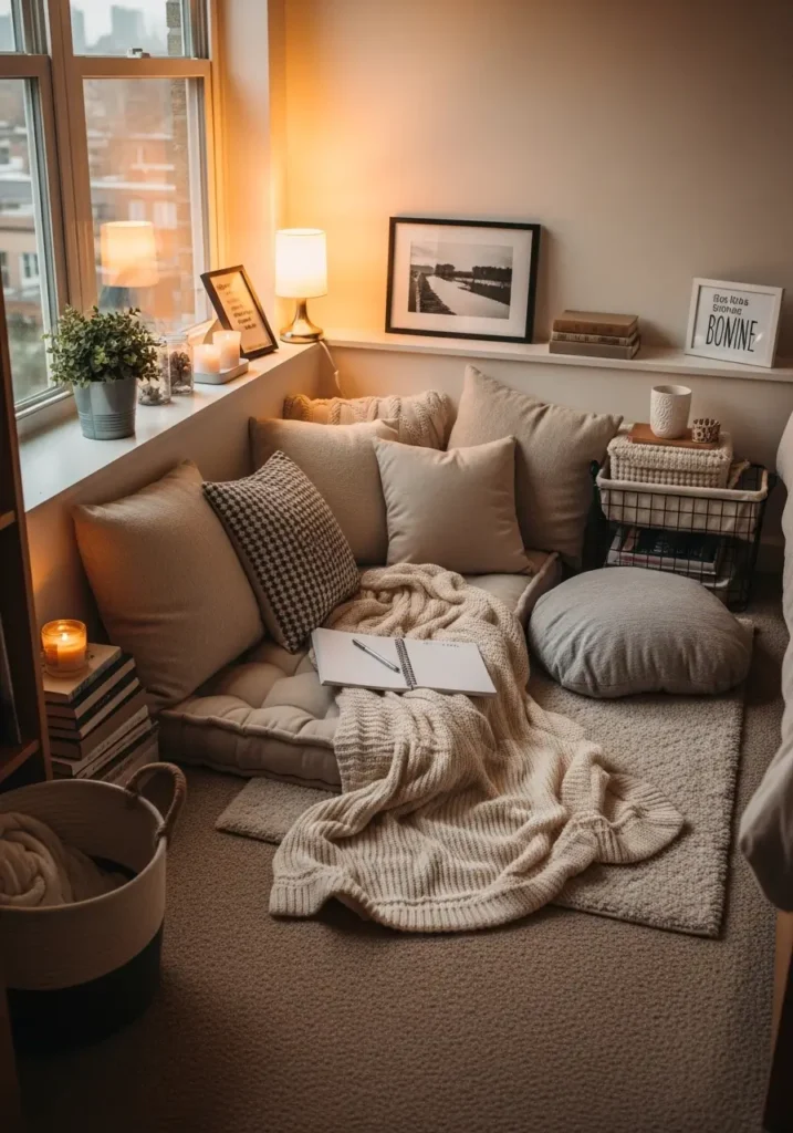 Minimal cozy dorm apartment floor corner with fluffy floor cushion, cream rug, small side table, soft reading lamp, neutral blankets, tiny bookshelf, warm lighting, feminine dorm styling, calm apartment bedroom atmosphere, clean minimal decor, beige and white color palette, cozy reading nook near window, aesthetic small bedroom setup, realistic interior design photography, soft textures, inviting college dorm mood, uncluttered modern styling with peaceful relaxing energy

