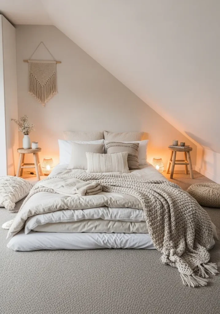 Minimal slanted ceiling cottage bedroom with cozy floor mattress setup, layered cream bedding, soft knit blankets, warm neutral palette, rustic wood accents, tiny bedside stool, soft lamp lighting, calming attic atmosphere, clean feminine decor, woven rug, natural linen textures, realistic cozy bedroom photography, peaceful uncluttered layout, warm cottagecore mood, soft evening shadows, intimate attic retreat

