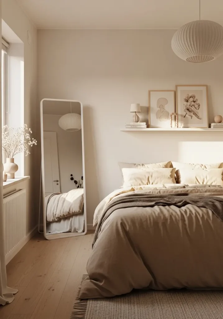 Minimalist studio apartment bedroom with tall cozy floor mirror, warm beige bedding, tiny apartment layout, natural sunlight reflection, Scandinavian inspired styling, soft cream walls, neutral feminine decor, clean uncluttered setup, realistic small apartment photography, light oak flooring, cozy textures, elegant modern interior, floating shelf styling, peaceful warm atmosphere, airy bedroom mood, simple minimalist apartment design with soft natural lighting.

